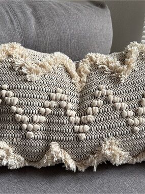 Boho Textured Cream Tassel Lumbar Pillow